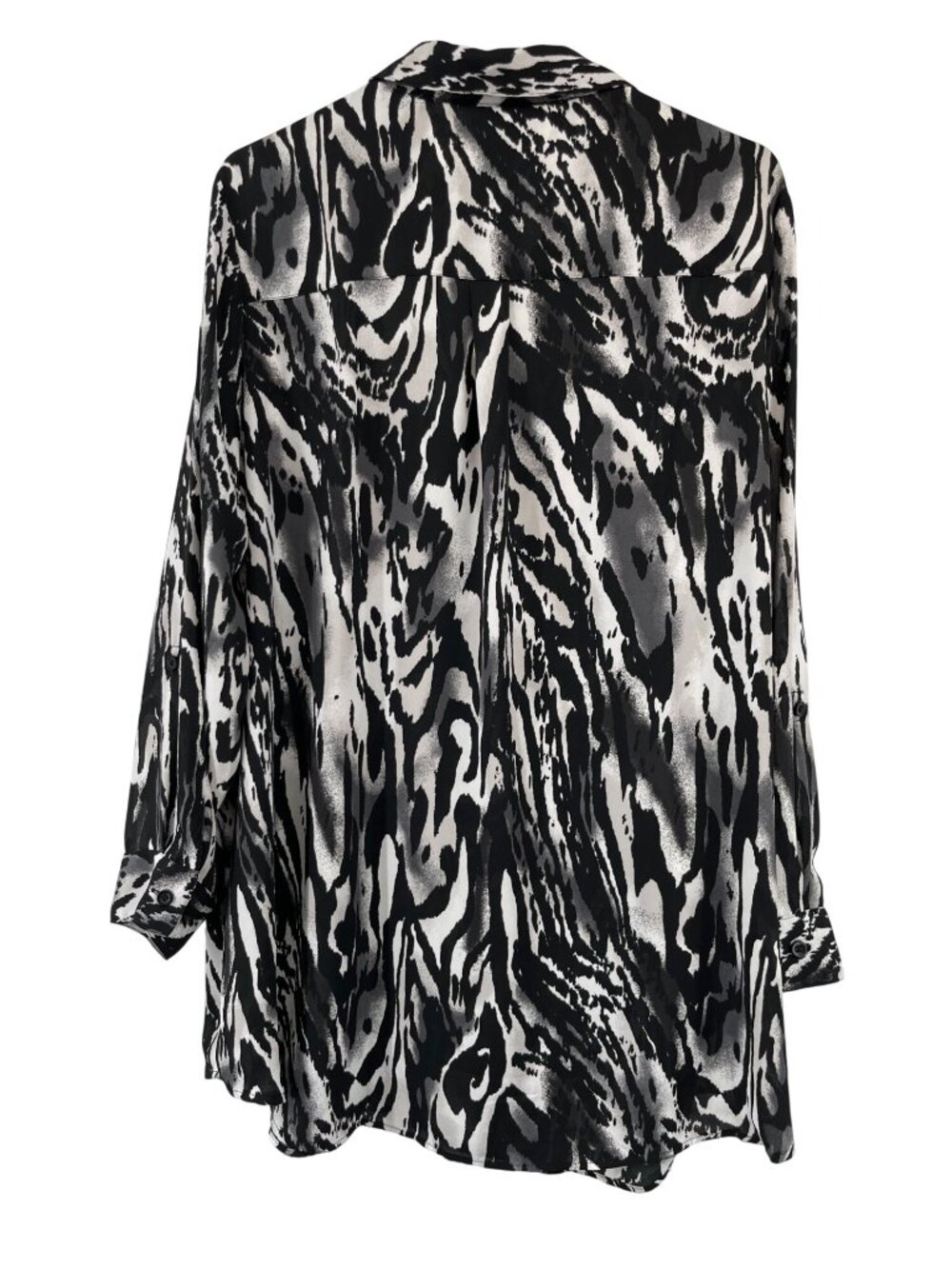 CJ Banks Blouse 2X Plus Animal Print Black White Button Down Used Convertible Ar - Picture 2 of 12